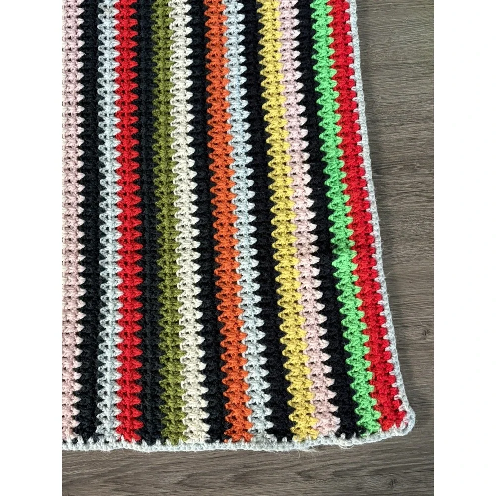 80s Vintage Rainbow Stripe Handmade Crochet Knit Afghan Throw Blanket XL 100x50